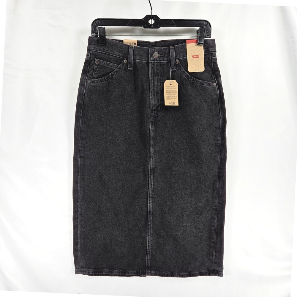 Levi's High Rise Denim Midi Skirt Womens Size 26 Black Back Slit 100% Cotton NWT